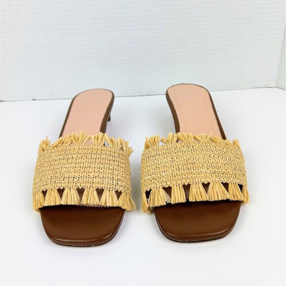 J.Crew Lina Kitten Heels Sandals Woven Raffia Fringe Natural Straw & Leather 9.5 - Picture 6 of 11